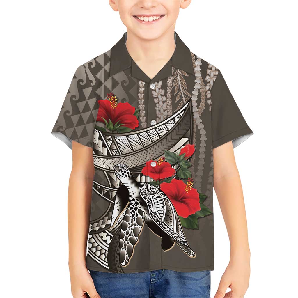 Hawaiian Honu Personalized Family Matching Summer Maxi Dress and Hawaiian Shirt Mocha Mousse Hibiscus Tribal Hook Pattern