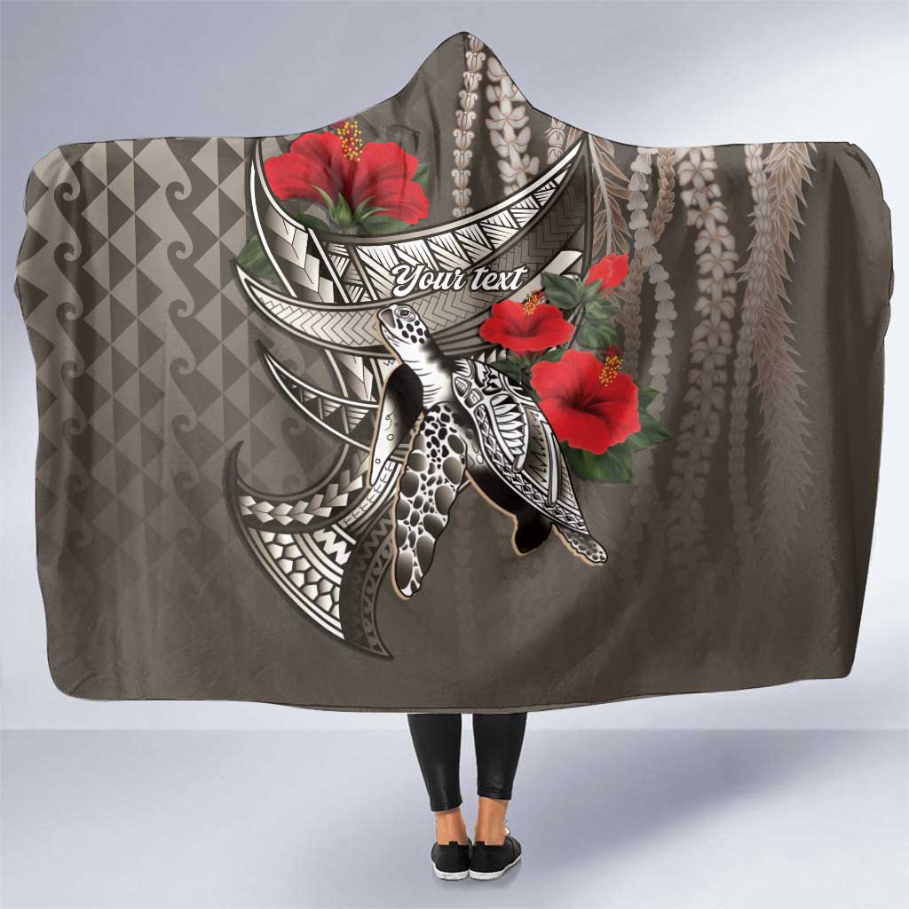 Hawaiian Honu Personalized Hooded Blanket Mocha Mousse Hibiscus Tribal Hook Pattern