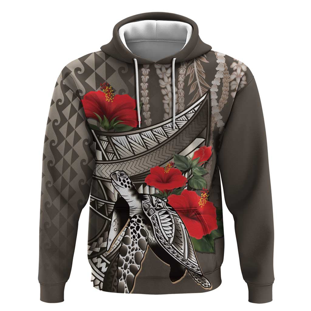 Hawaiian Honu Personalized Hoodie Mocha Mousse Hibiscus Tribal Hook Pattern