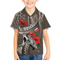 Hawaiian Honu Personalized Kid Hawaiian Shirt Mocha Mousse Hibiscus Tribal Hook Pattern