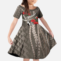 Hawaiian Honu Personalized Kid Short Sleeve Dress Mocha Mousse Hibiscus Tribal Hook Pattern