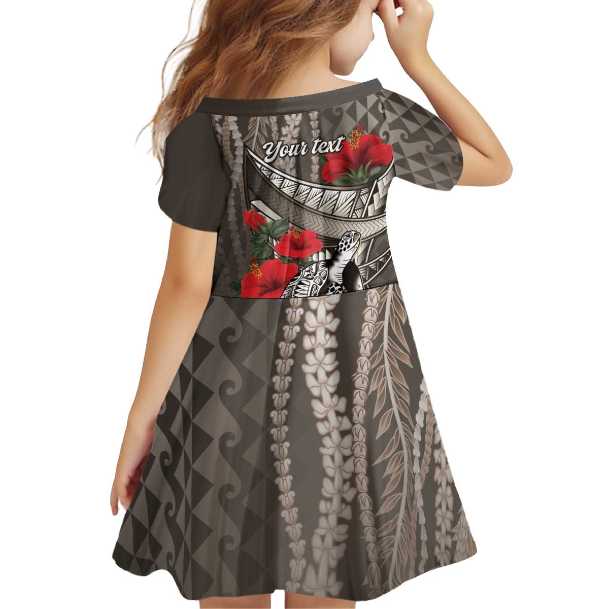 Hawaiian Honu Personalized Kid Short Sleeve Dress Mocha Mousse Hibiscus Tribal Hook Pattern