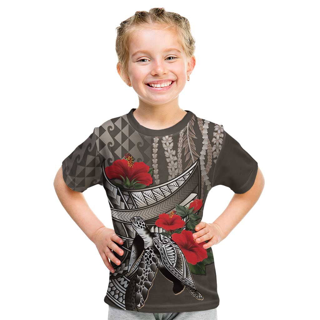 Hawaiian Honu Personalized Kid T Shirt Mocha Mousse Hibiscus Tribal Hook Pattern