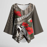 Hawaiian Honu Personalized Kimono Sleeve Blouse Mocha Mousse Hibiscus Tribal Hook Pattern