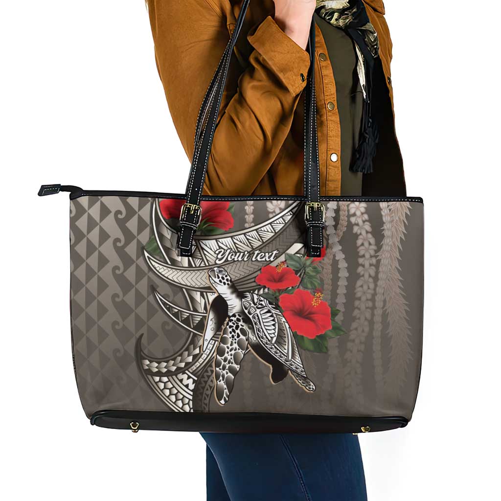 Hawaiian Honu Personalized Leather Tote Bag Mocha Mousse Hibiscus Tribal Hook Pattern