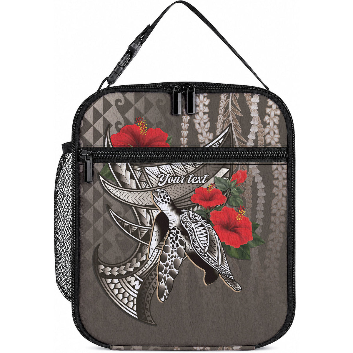 Hawaiian Honu Personalized Lunch Bag Mocha Mousse Hibiscus Tribal Hook Pattern LT9 10.2 × 8.3 × 4.3 inch Blue - Polynesian Pride