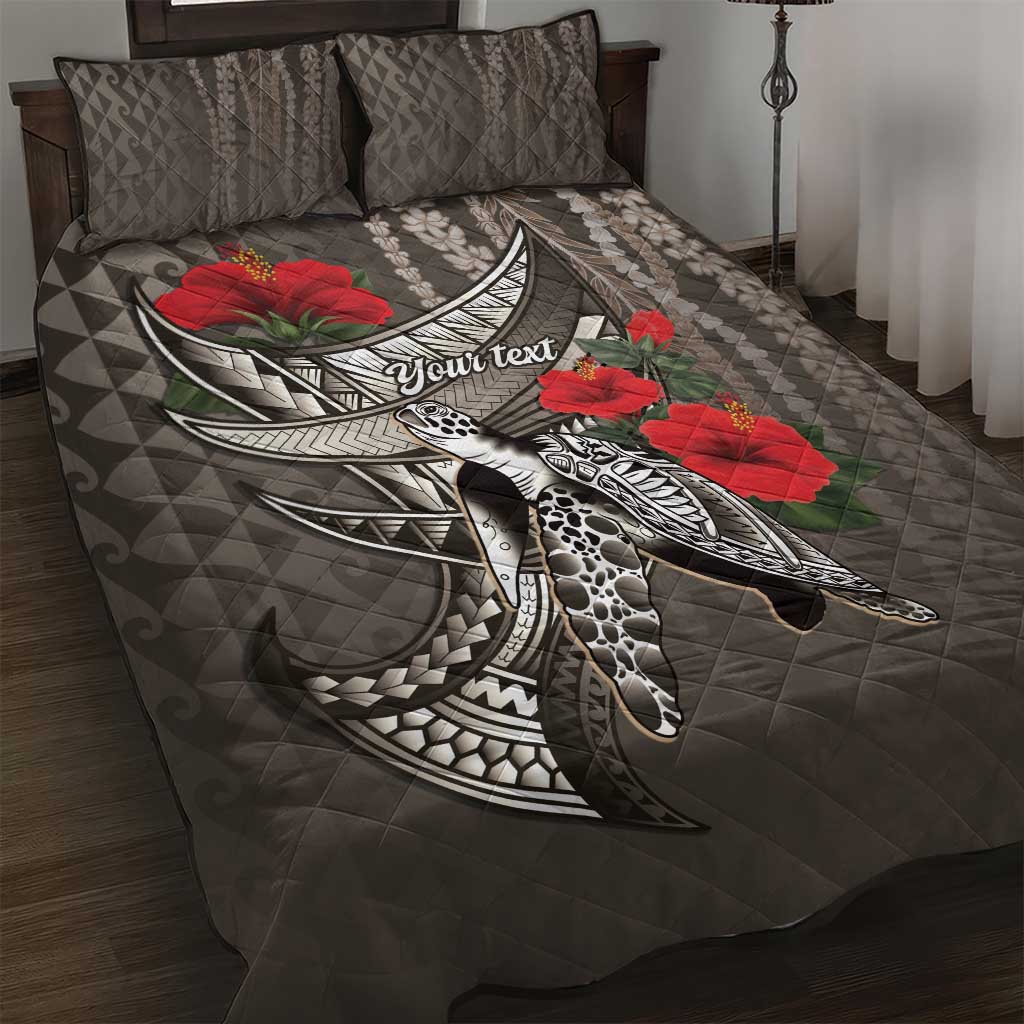 Hawaiian Honu Personalized Quilt Bed Set Mocha Mousse Hibiscus Tribal Hook Pattern