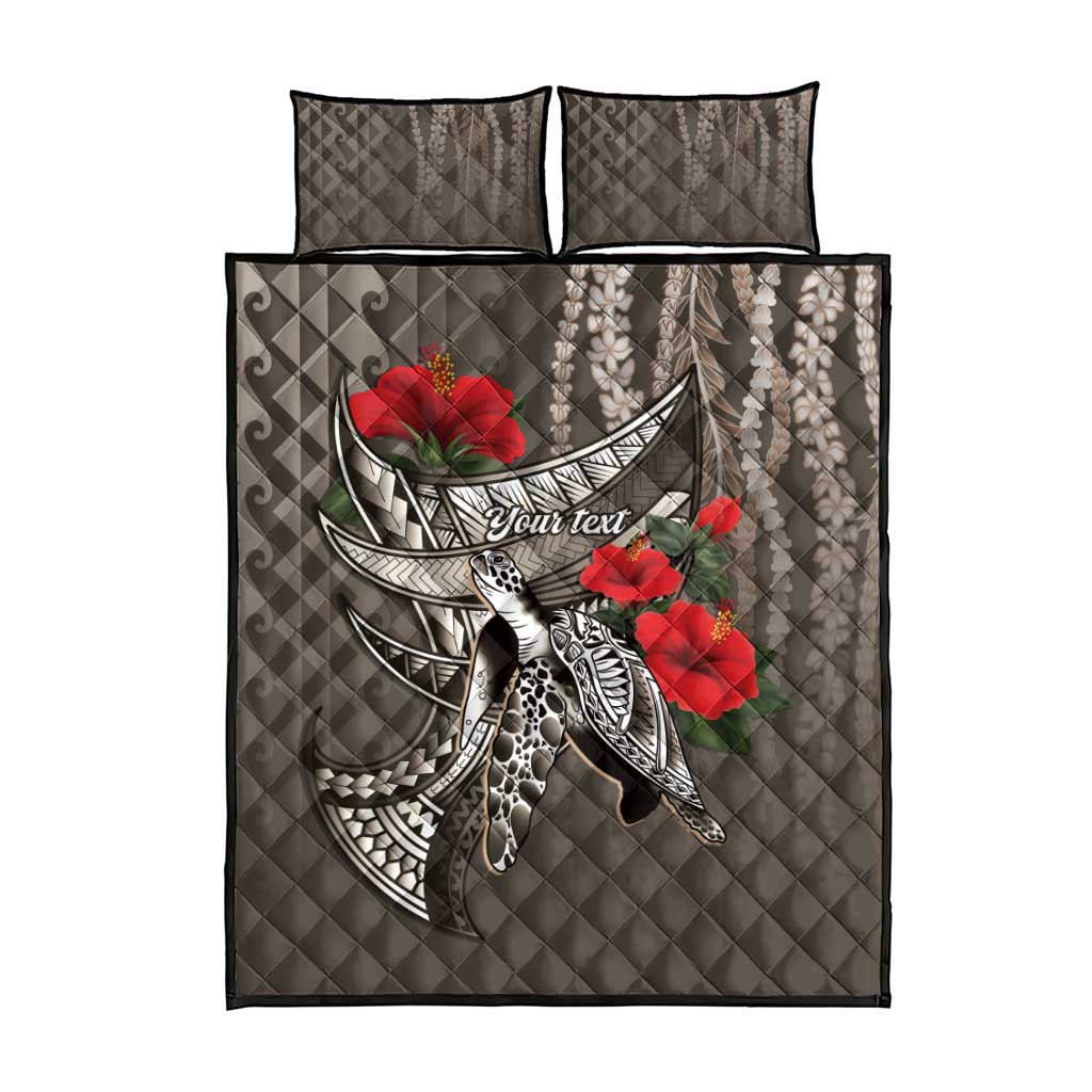 Hawaiian Honu Personalized Quilt Bed Set Mocha Mousse Hibiscus Tribal Hook Pattern