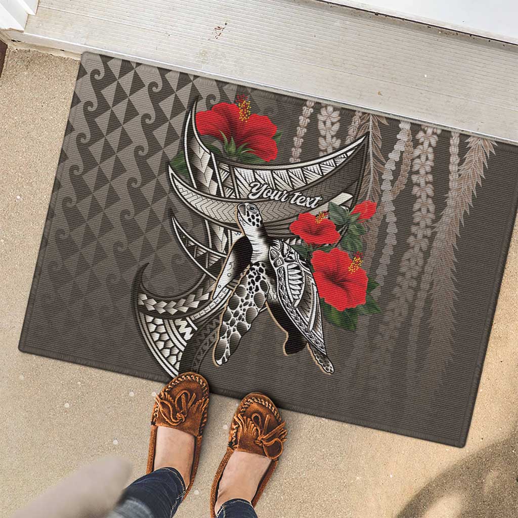 Hawaiian Honu Personalized Rubber Doormat Mocha Mousse Hibiscus Tribal Hook Pattern