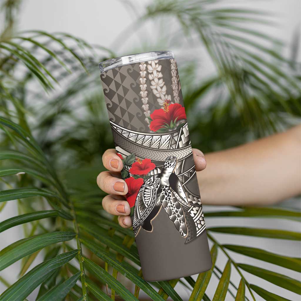 Hawaiian Honu Personalized Skinny Tumbler Mocha Mousse Hibiscus Tribal Hook Pattern LT9 - Polynesian Pride