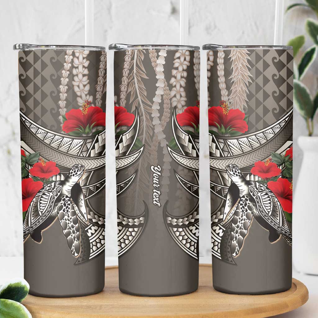 Hawaiian Honu Personalized Skinny Tumbler Mocha Mousse Hibiscus Tribal Hook Pattern LT9 - Polynesian Pride