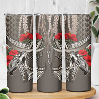 Hawaiian Honu Personalized Skinny Tumbler Mocha Mousse Hibiscus Tribal Hook Pattern LT9 - Polynesian Pride