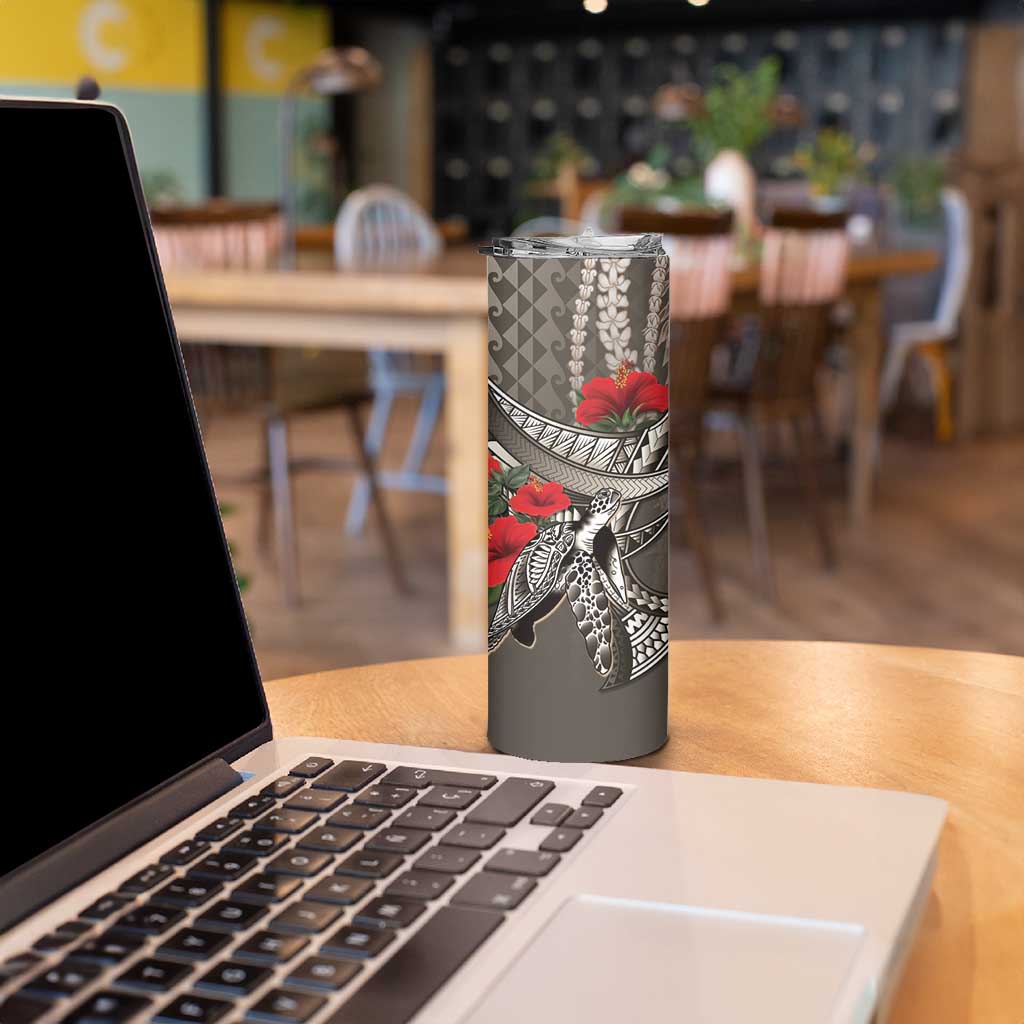 Hawaiian Honu Personalized Skinny Tumbler Mocha Mousse Hibiscus Tribal Hook Pattern LT9 - Polynesian Pride
