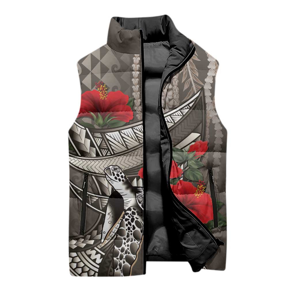 Hawaiian Honu Personalized Sleeveless Puffer Jacket Mocha Mousse Hibiscus Tribal Hook Pattern