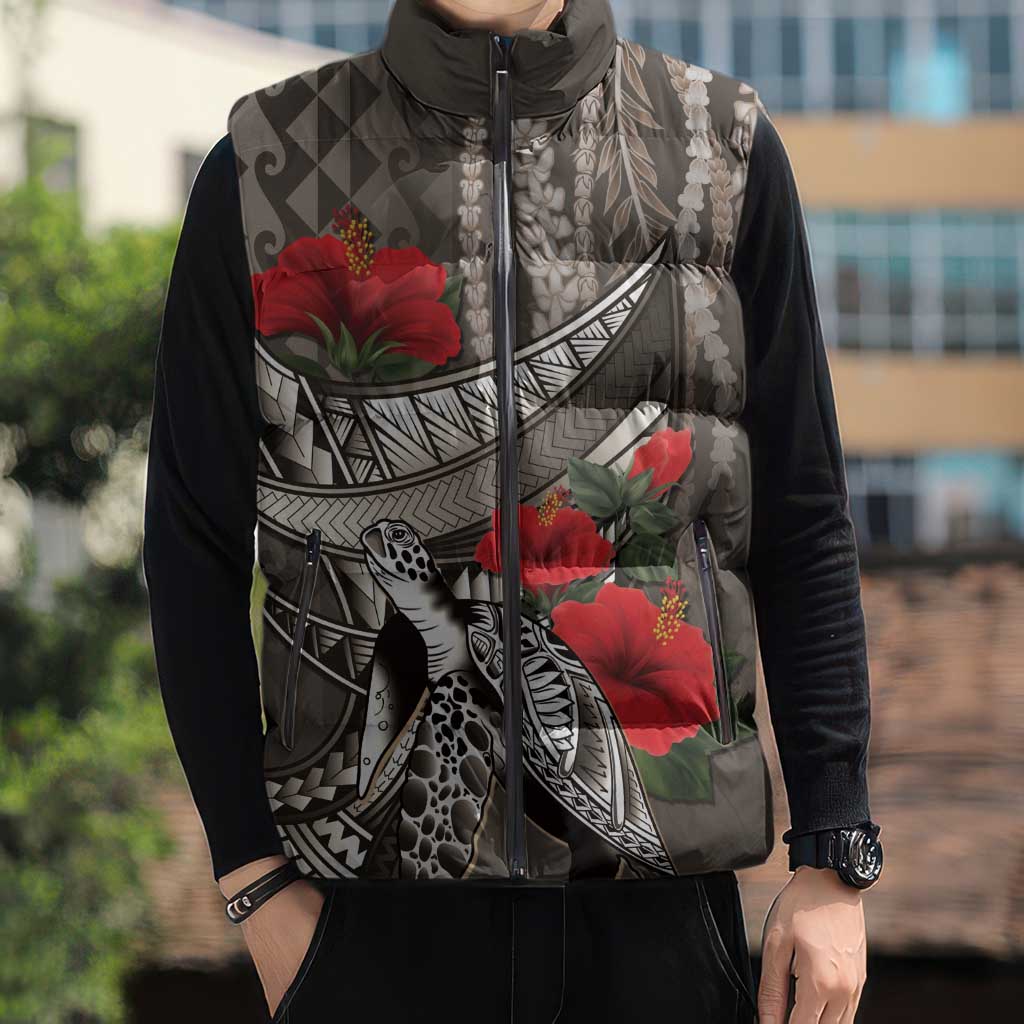 Hawaiian Honu Personalized Sleeveless Puffer Jacket Mocha Mousse Hibiscus Tribal Hook Pattern