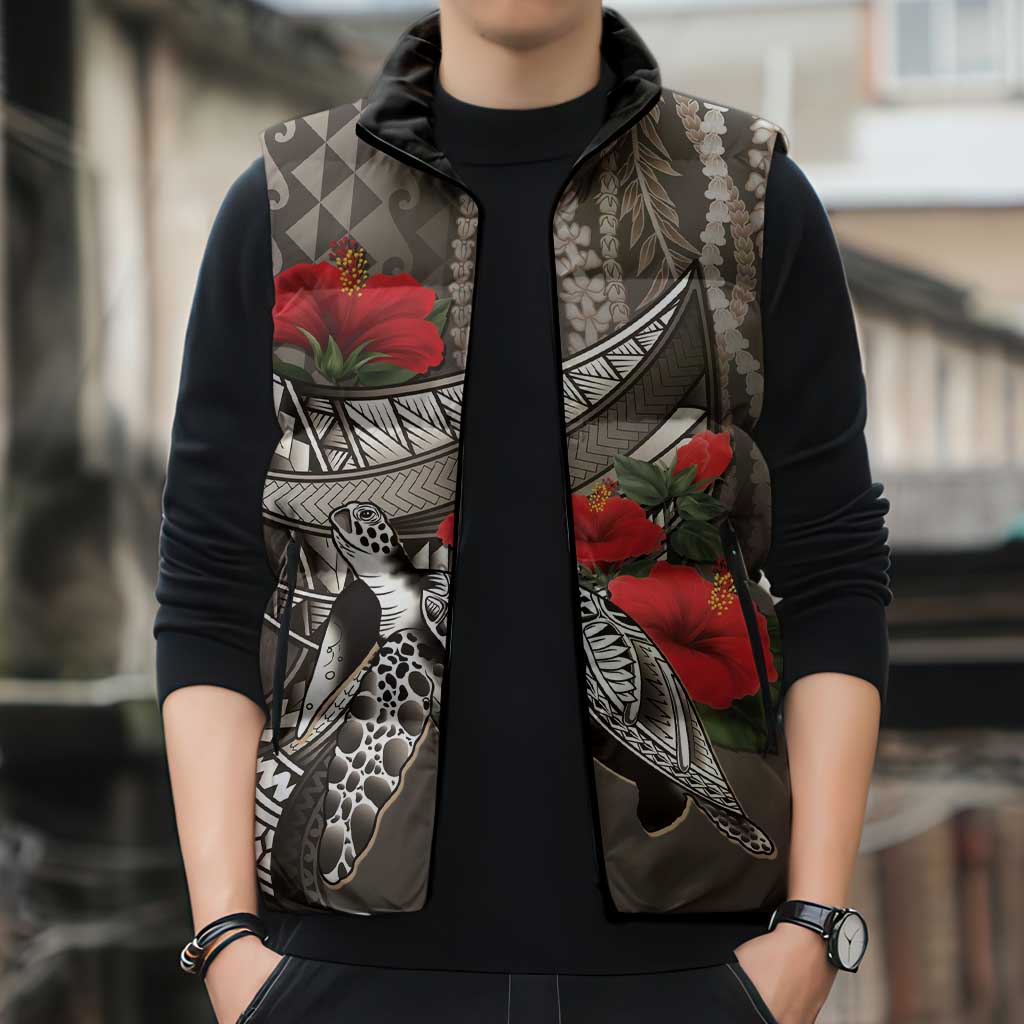 Hawaiian Honu Personalized Sleeveless Puffer Jacket Mocha Mousse Hibiscus Tribal Hook Pattern