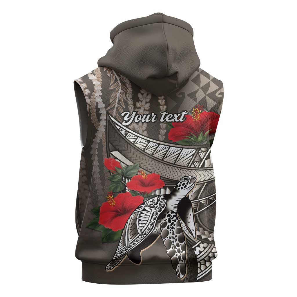 Hawaiian Honu Personalized Sleeveless Zip Hoodie Mocha Mousse Hibiscus Tribal Hook Pattern