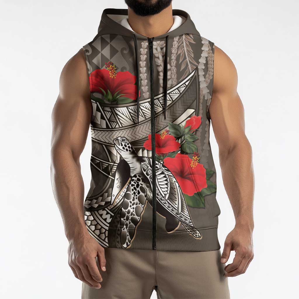 Hawaiian Honu Personalized Sleeveless Zip Hoodie Mocha Mousse Hibiscus Tribal Hook Pattern