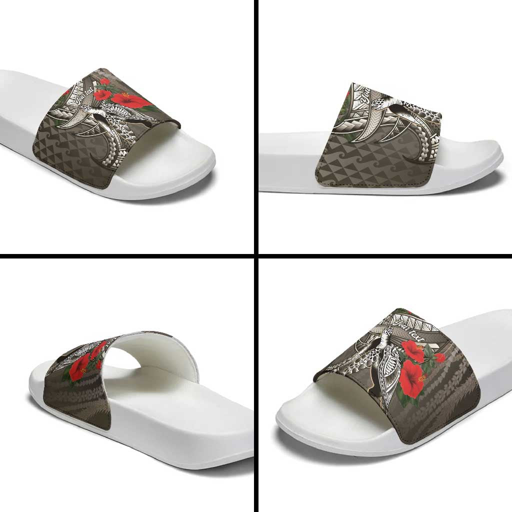 Hawaiian Honu Personalized Slide Sandals Mocha Mousse Hibiscus Tribal Hook Pattern