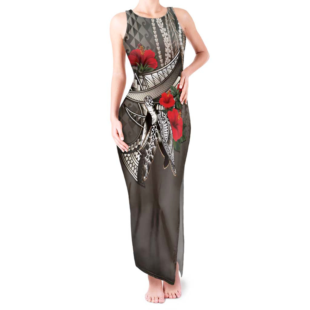 Hawaiian Honu Personalized Tank Maxi Dress Mocha Mousse Hibiscus Tribal Hook Pattern