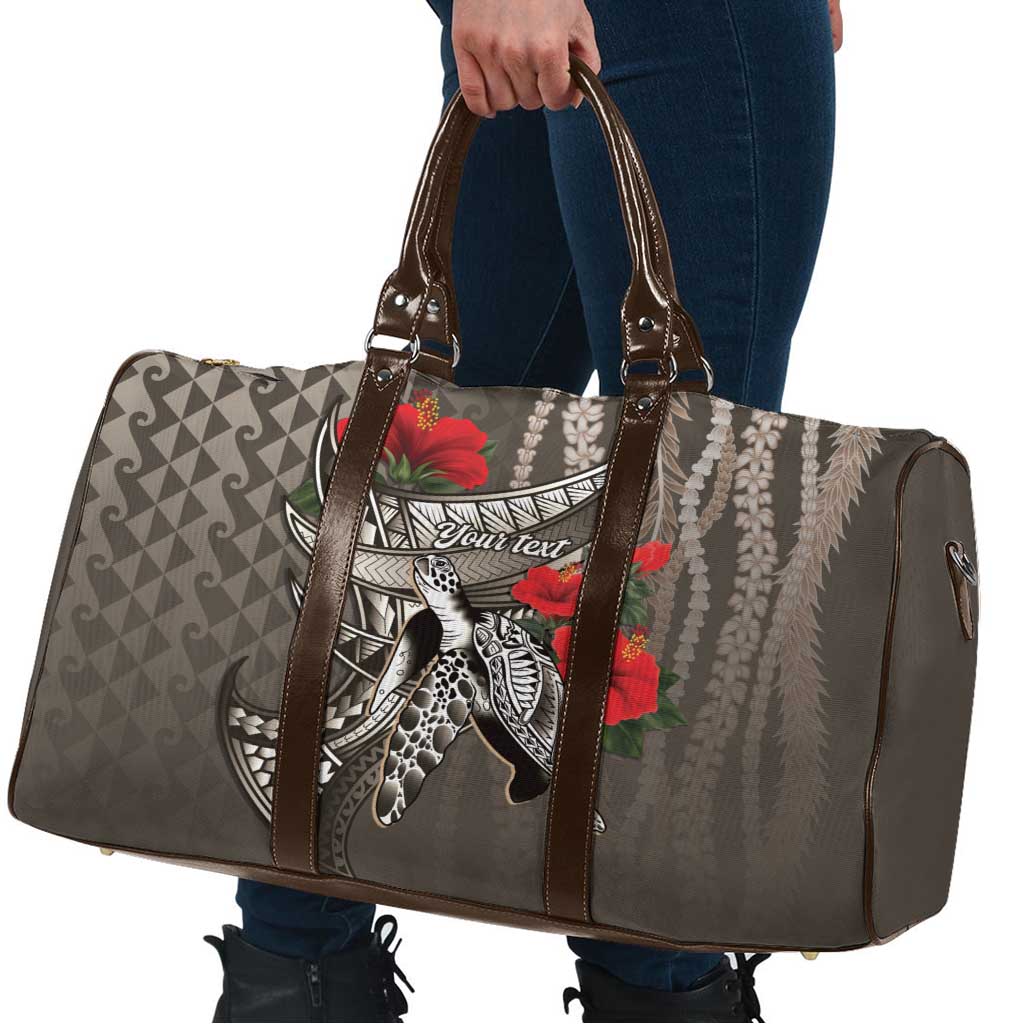 Hawaiian Honu Personalized Travel Bag Mocha Mousse Hibiscus Tribal Hook Pattern