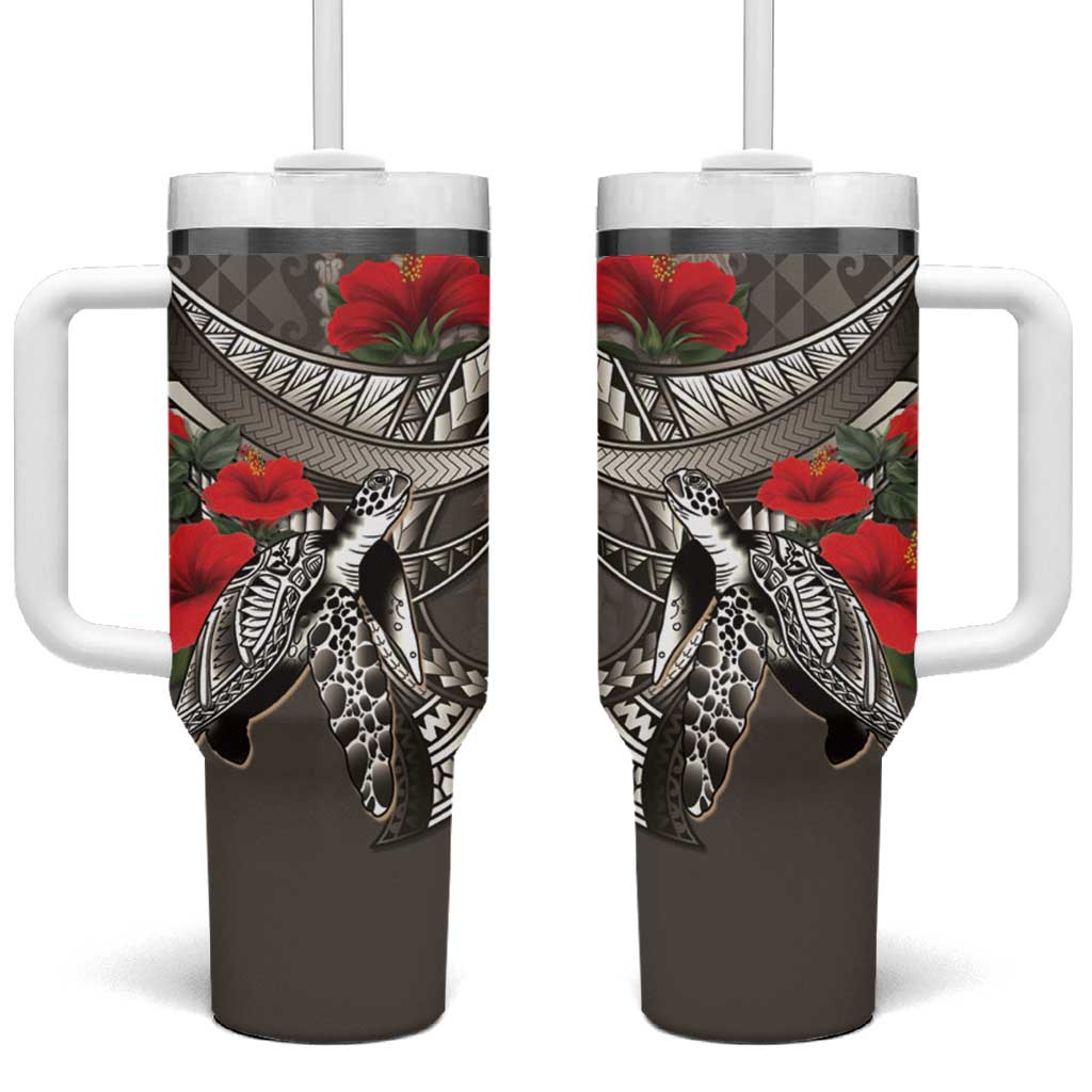 Hawaiian Honu Personalized Tumbler With Handle Mocha Mousse Hibiscus Tribal Hook Pattern