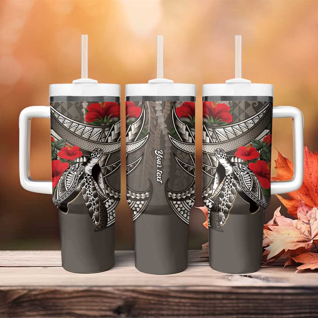 Hawaiian Honu Personalized Tumbler With Handle Mocha Mousse Hibiscus Tribal Hook Pattern