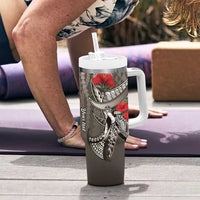 Hawaiian Honu Personalized Tumbler With Handle Mocha Mousse Hibiscus Tribal Hook Pattern