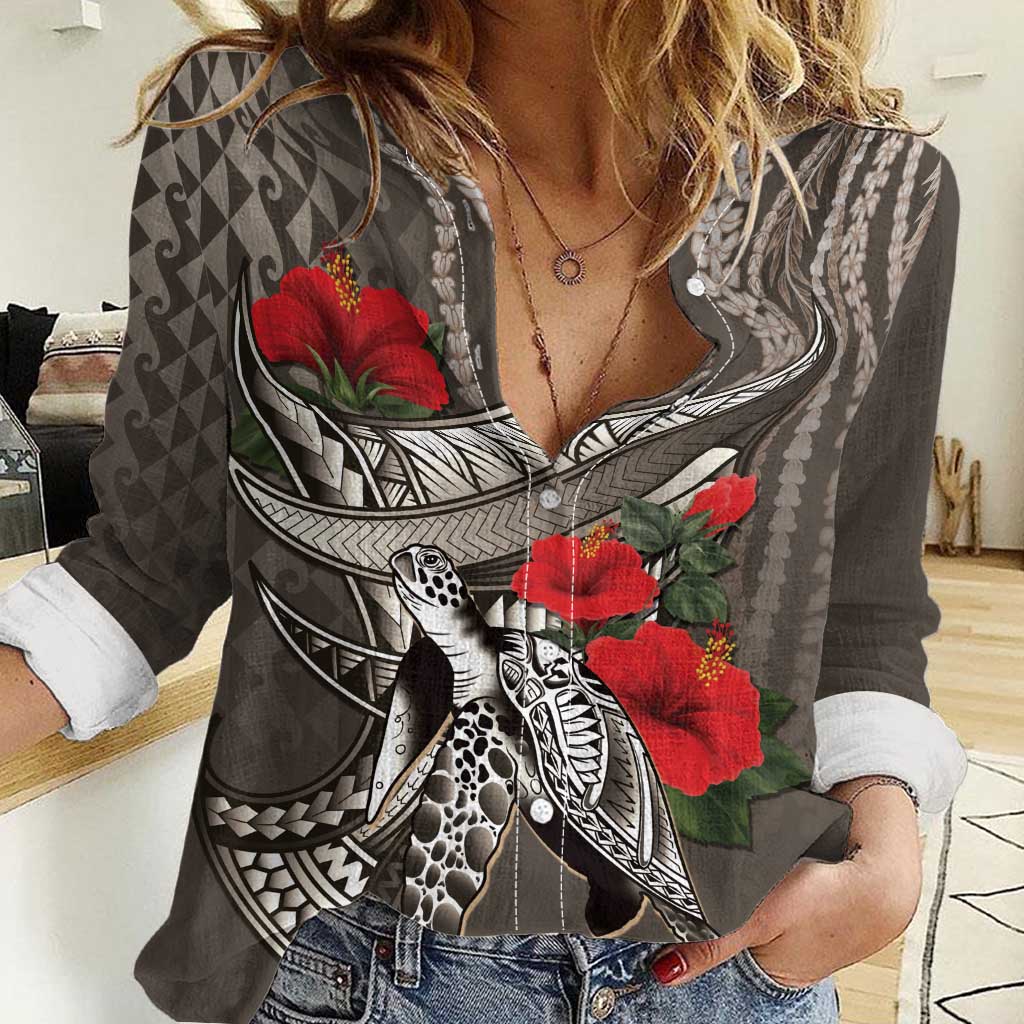 Hawaiian Honu Personalized Women Casual Shirt Mocha Mousse Hibiscus Tribal Hook Pattern LT9 Female Mocha - Polynesian Pride