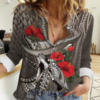 Hawaiian Honu Personalized Women Casual Shirt Mocha Mousse Hibiscus Tribal Hook Pattern LT9 Female Mocha - Polynesian Pride