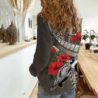 Hawaiian Honu Personalized Women Casual Shirt Mocha Mousse Hibiscus Tribal Hook Pattern LT9 - Polynesian Pride