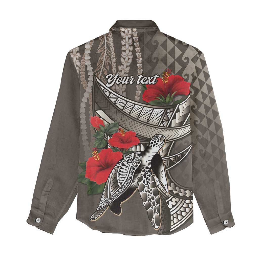 Hawaiian Honu Personalized Women Casual Shirt Mocha Mousse Hibiscus Tribal Hook Pattern LT9 - Polynesian Pride