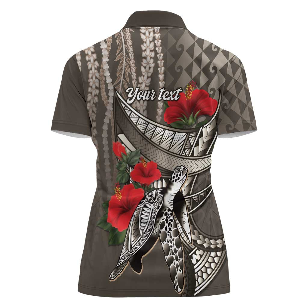 Hawaiian Honu Personalized Women Polo Shirt Mocha Mousse Hibiscus Tribal Hook Pattern