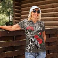 Hawaiian Honu Personalized Women Polo Shirt Mocha Mousse Hibiscus Tribal Hook Pattern
