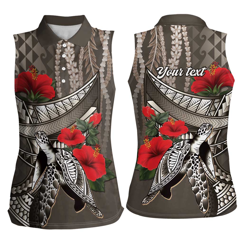 Hawaiian Honu Personalized Women Sleeveless Polo Shirt Mocha Mousse Hibiscus Tribal Hook Pattern
