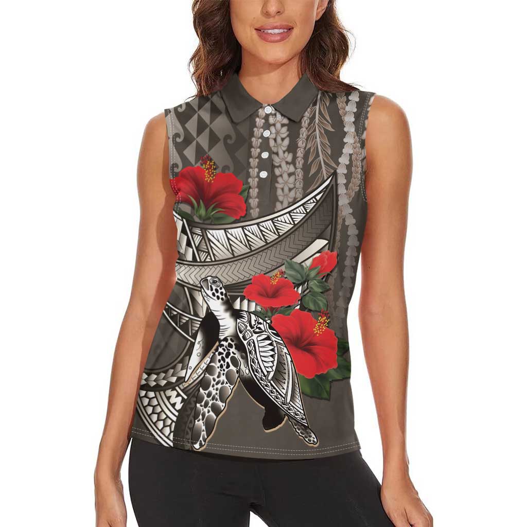 Hawaiian Honu Personalized Women Sleeveless Polo Shirt Mocha Mousse Hibiscus Tribal Hook Pattern