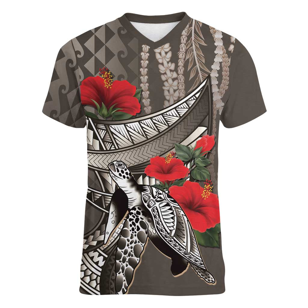 Hawaiian Honu Personalized Women V-Neck T-Shirt Mocha Mousse Hibiscus Tribal Hook Pattern LT9 Female Mocha - Polynesian Pride