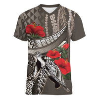 Hawaiian Honu Personalized Women V-Neck T-Shirt Mocha Mousse Hibiscus Tribal Hook Pattern LT9 Female Mocha - Polynesian Pride