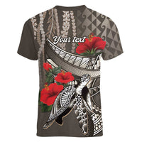 Hawaiian Honu Personalized Women V-Neck T-Shirt Mocha Mousse Hibiscus Tribal Hook Pattern LT9 - Polynesian Pride