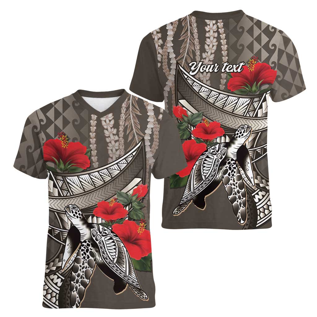 Hawaiian Honu Personalized Women V-Neck T-Shirt Mocha Mousse Hibiscus Tribal Hook Pattern LT9 - Polynesian Pride