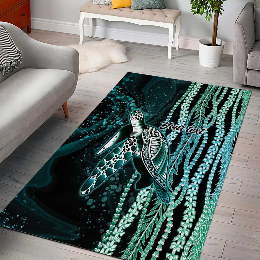 Hawaiian Honu Personalized Area Rug Dark Cyan Maile Pikake Flower Lei Inspired LT9 - Polynesian Pride