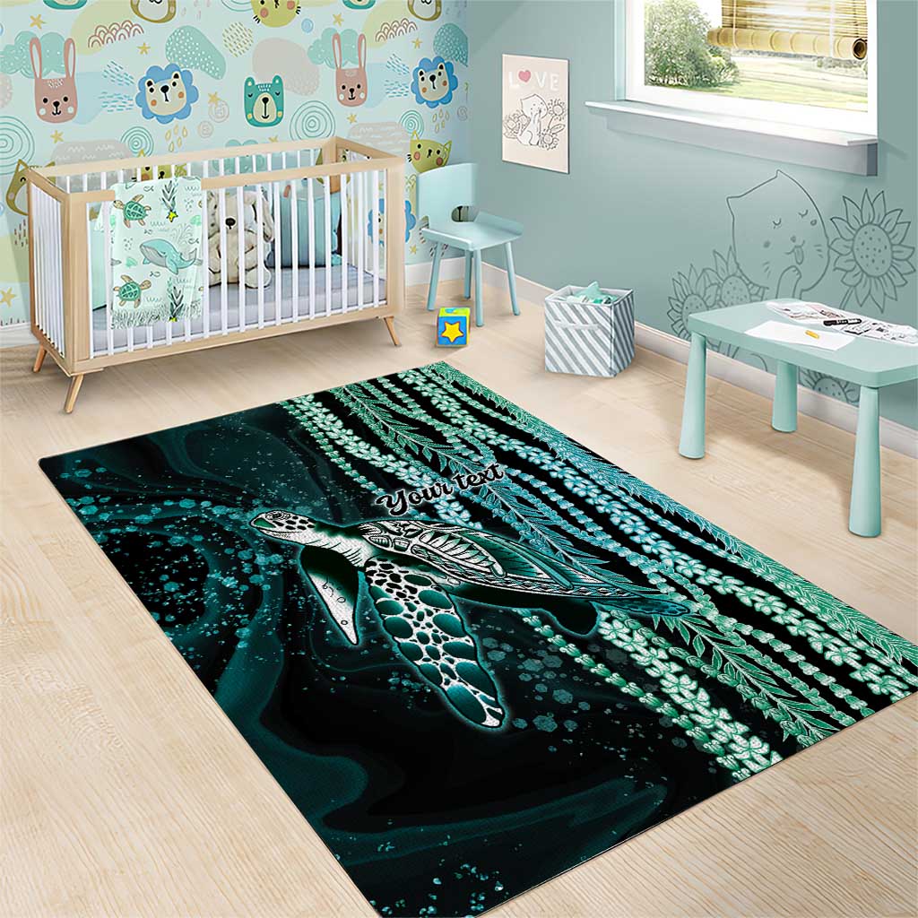 Hawaiian Honu Personalized Area Rug Dark Cyan Maile Pikake Flower Lei Inspired LT9 - Polynesian Pride