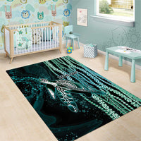 Hawaiian Honu Personalized Area Rug Dark Cyan Maile Pikake Flower Lei Inspired LT9 - Polynesian Pride