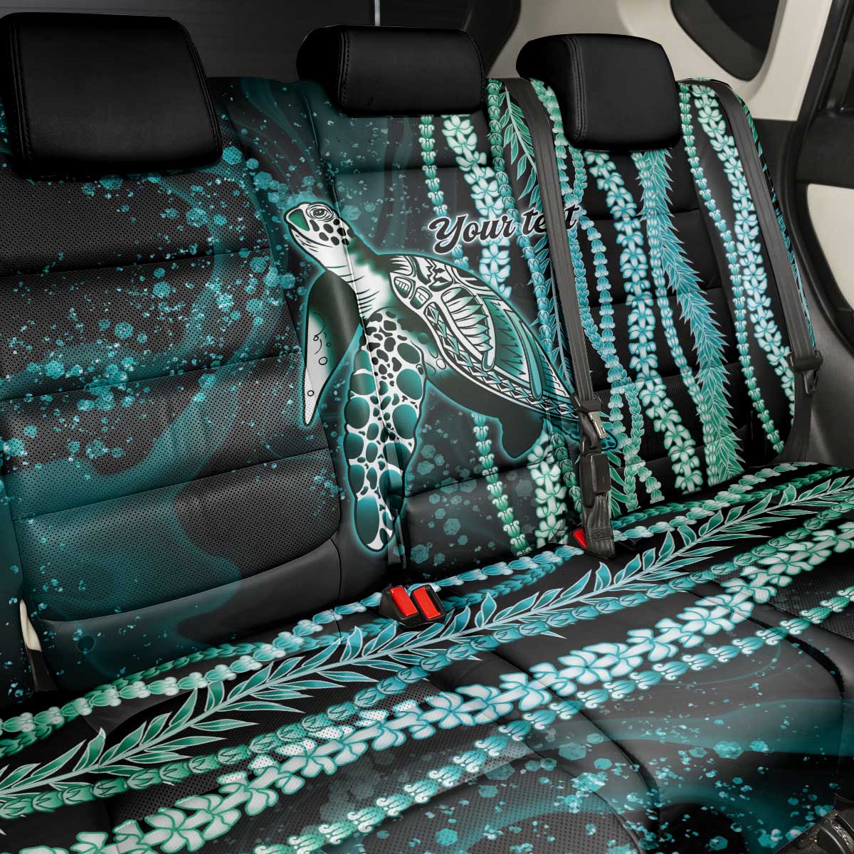Hawaiian Honu Personalized Back Car Seat Cover Dark Cyan Maile Pikake Flower Lei Inspired