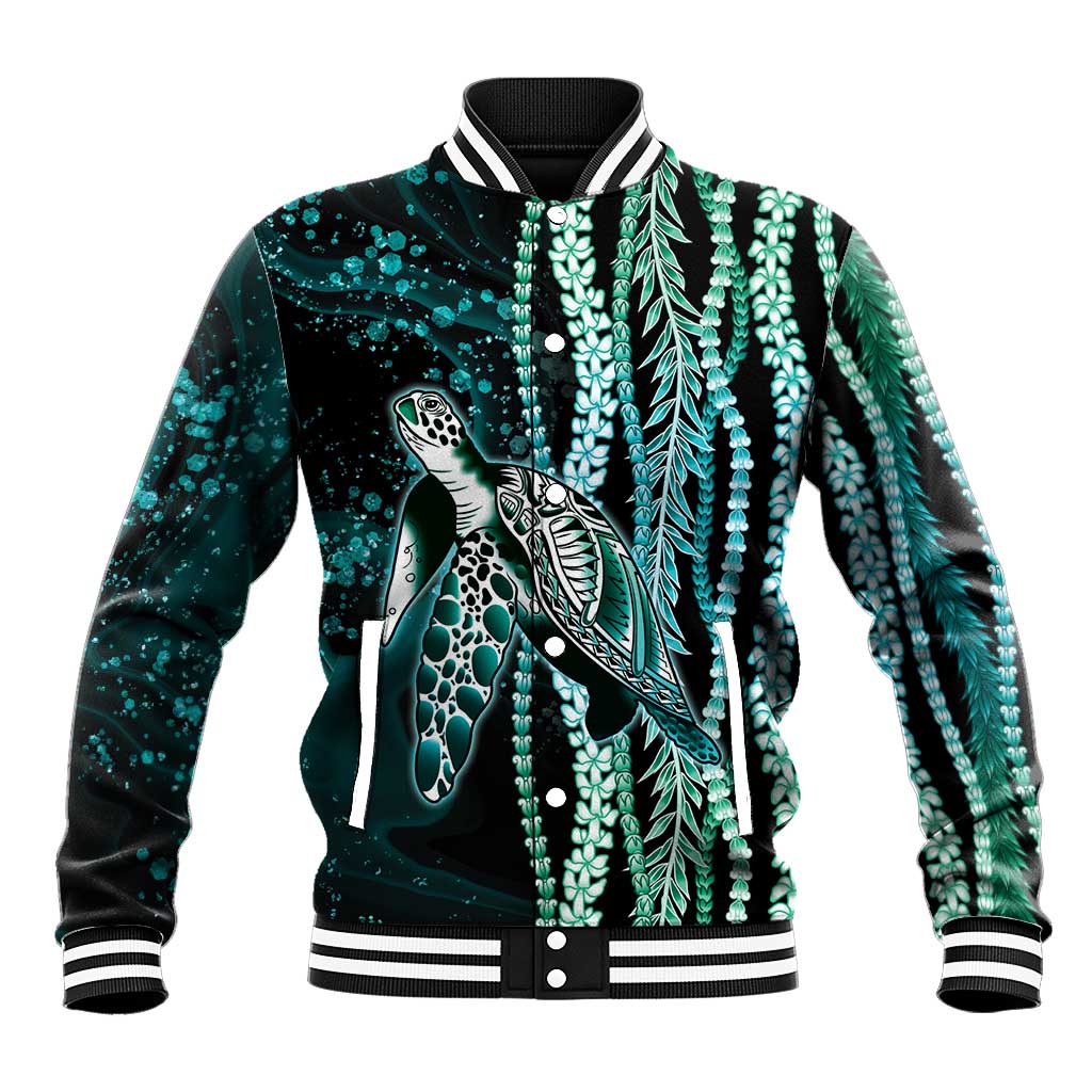 Hawaiian Honu Personalized Baseball Jacket Dark Cyan Maile Pikake Flower Lei Inspired
