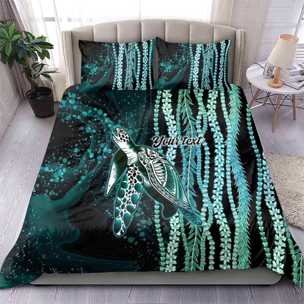 Hawaiian Honu Personalized Bedding Set Dark Cyan Maile Pikake Flower Lei Inspired