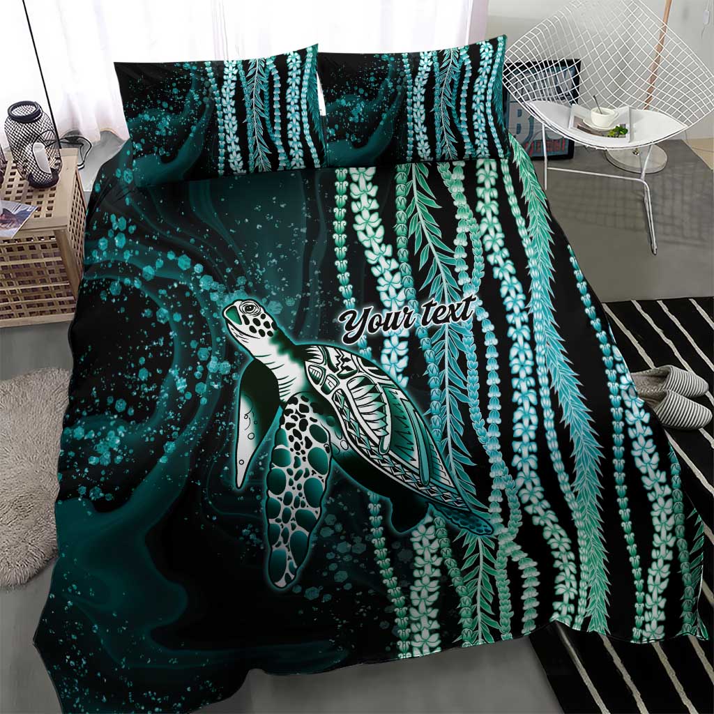 Hawaiian Honu Personalized Bedding Set Dark Cyan Maile Pikake Flower Lei Inspired