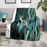 Hawaiian Honu Personalized Blanket Dark Cyan Maile Pikake Flower Lei Inspired