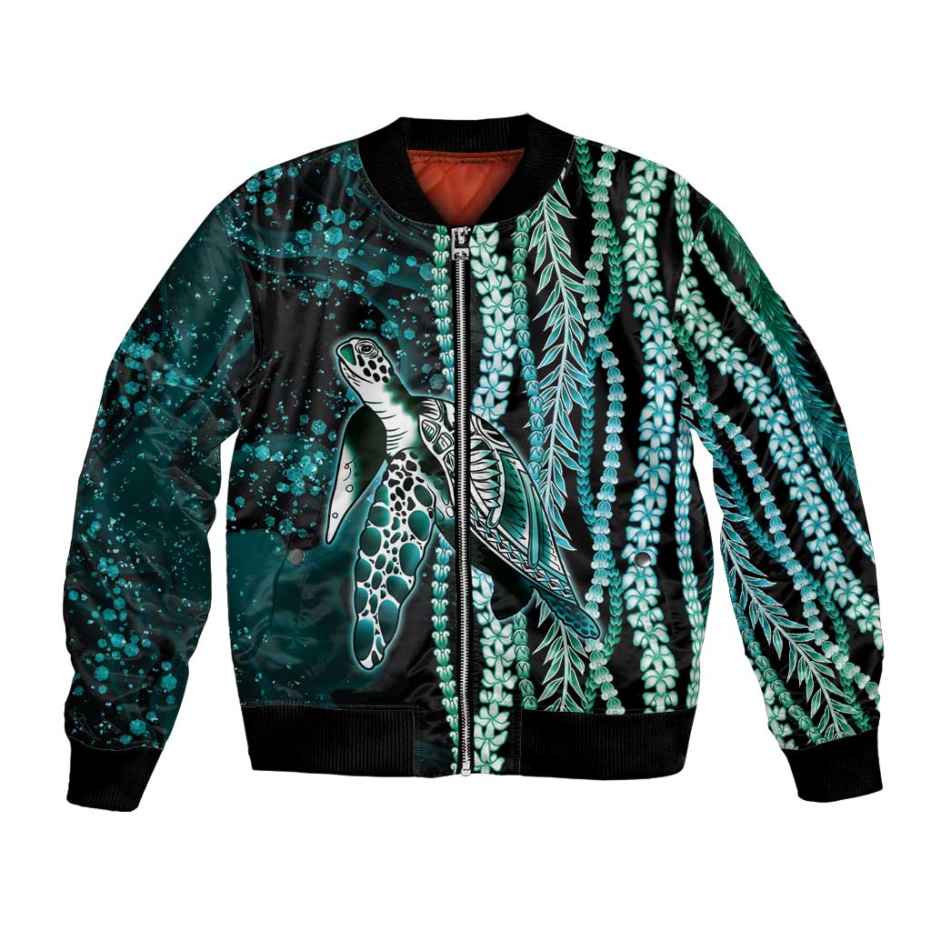 Hawaiian Honu Personalized Bomber Jacket Dark Cyan Maile Pikake Flower Lei Inspired