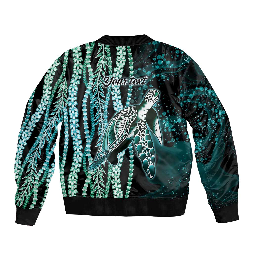 Hawaiian Honu Personalized Bomber Jacket Dark Cyan Maile Pikake Flower Lei Inspired